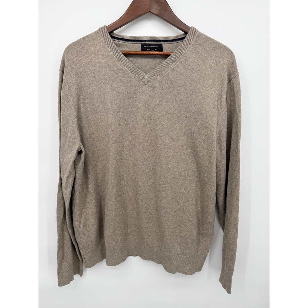 Banana Republic V-Neck Sweater Mens XL Tan Silk Cashmere Blend Excellent Luxe